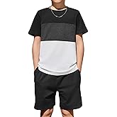 Arshiner Boys' 2-Piece Cotton Outfit Color Block T-Shirt and Shorts Set Casual Summer Clothes for Kids 6-14 Years