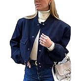 Megfie Womens Cropped Bomber Jacket Button Down Varsity Jackets Shackets with Pockets