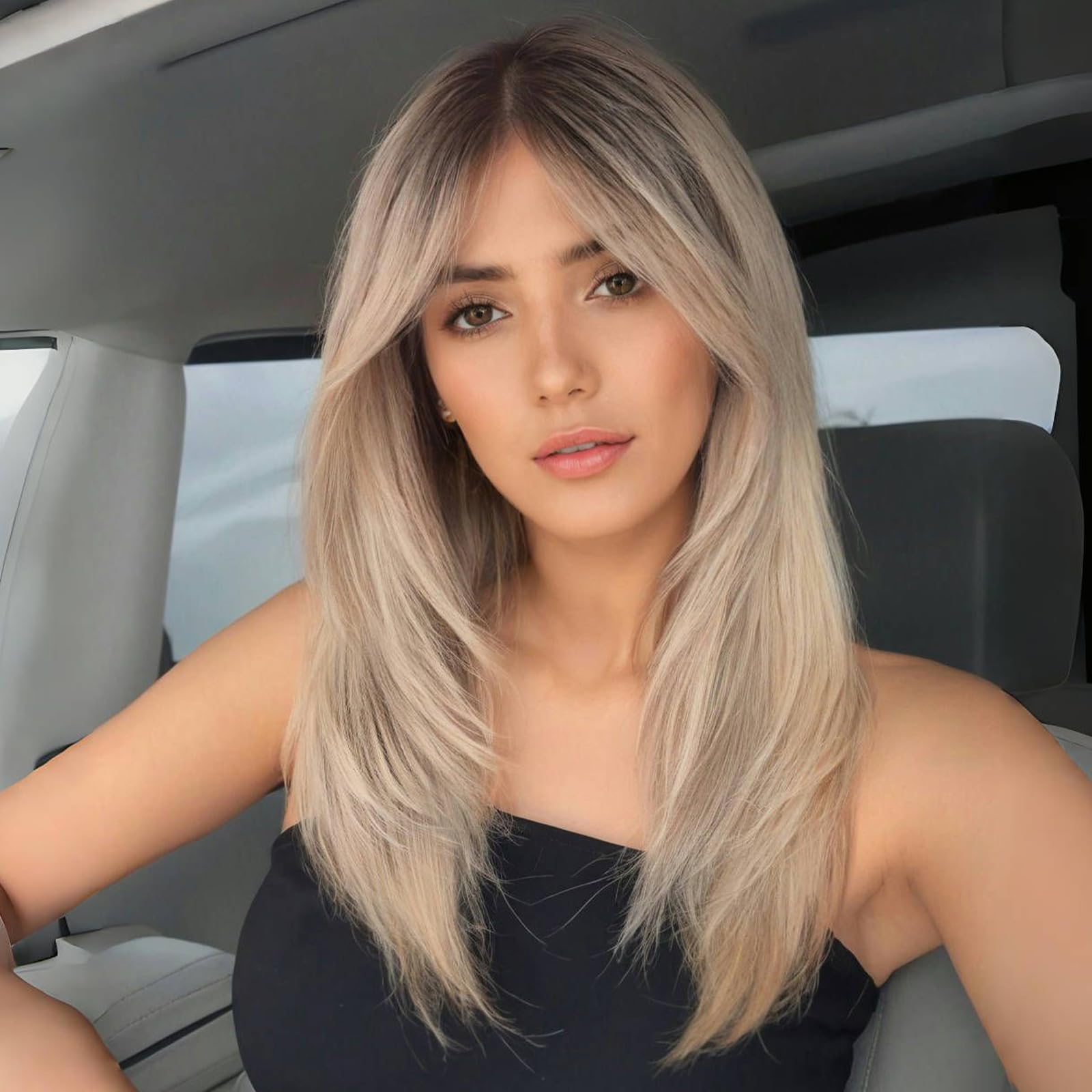 WOKESTAR Long Straight Wigs for Women with Curtain Fringe, Layered Synthetic Color Hair(Platinum Blonde with Dark Roots) — image 1
