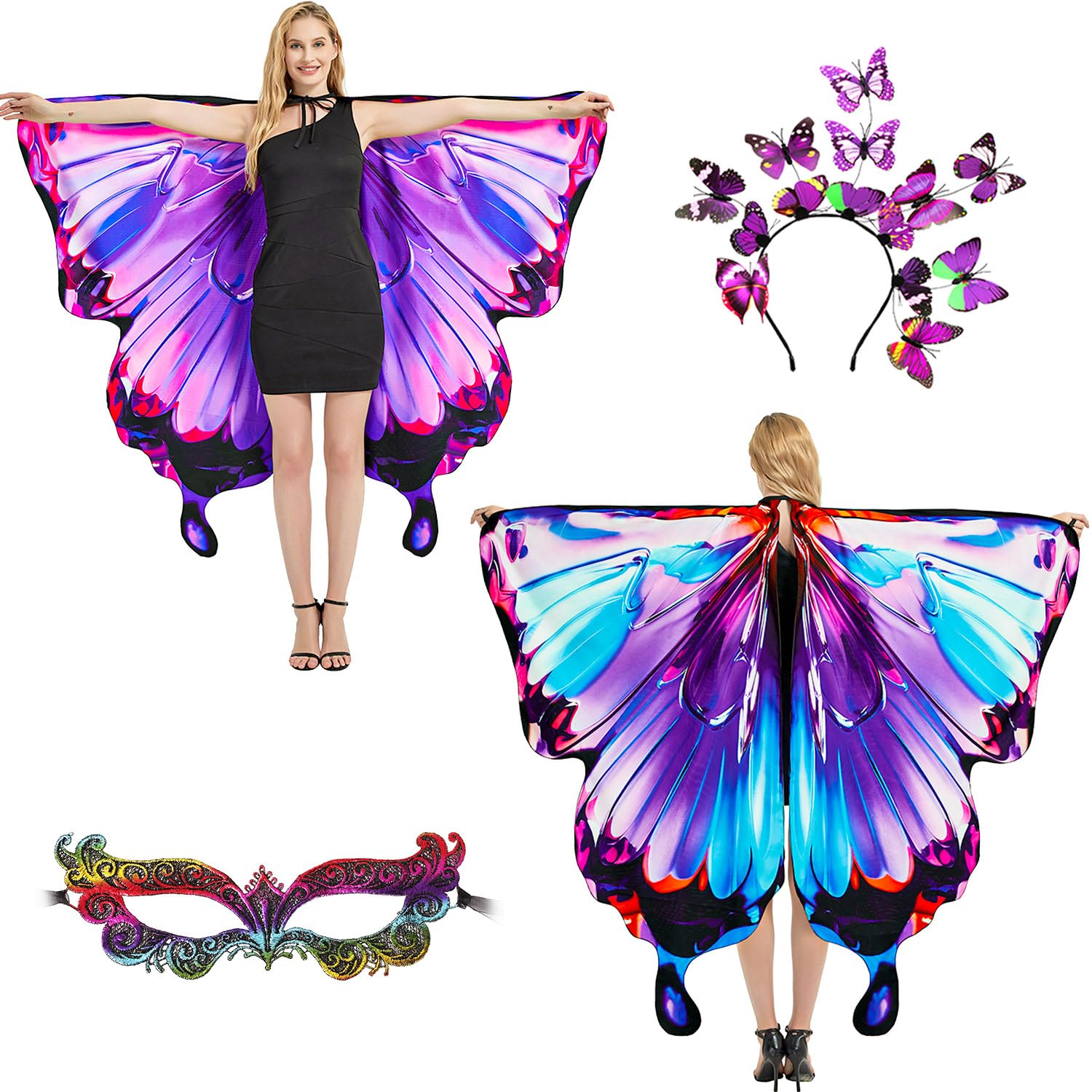 plainshe Butterfly Wings Double-Sided, Fairy Wings for Adults, Halloween Costumes for Women, 3PCS Butterfly Cape Set (Double-Sided 14)