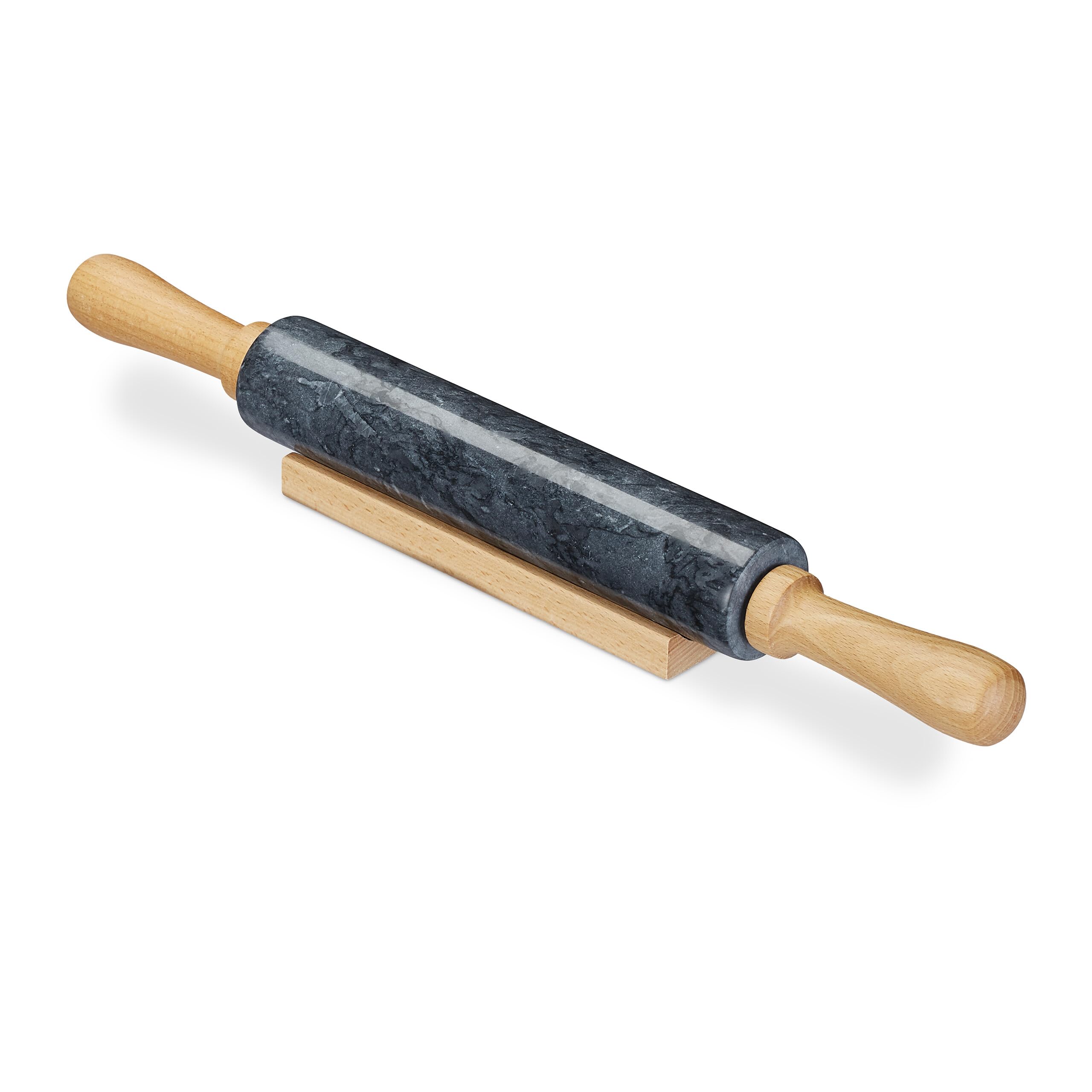 Relaxdays 10028837_46 Nudelholz Marmor Marble Rolling Pin, Wooden Handles, Roller for Cooking and Baking, with Stand, Heavy, Black