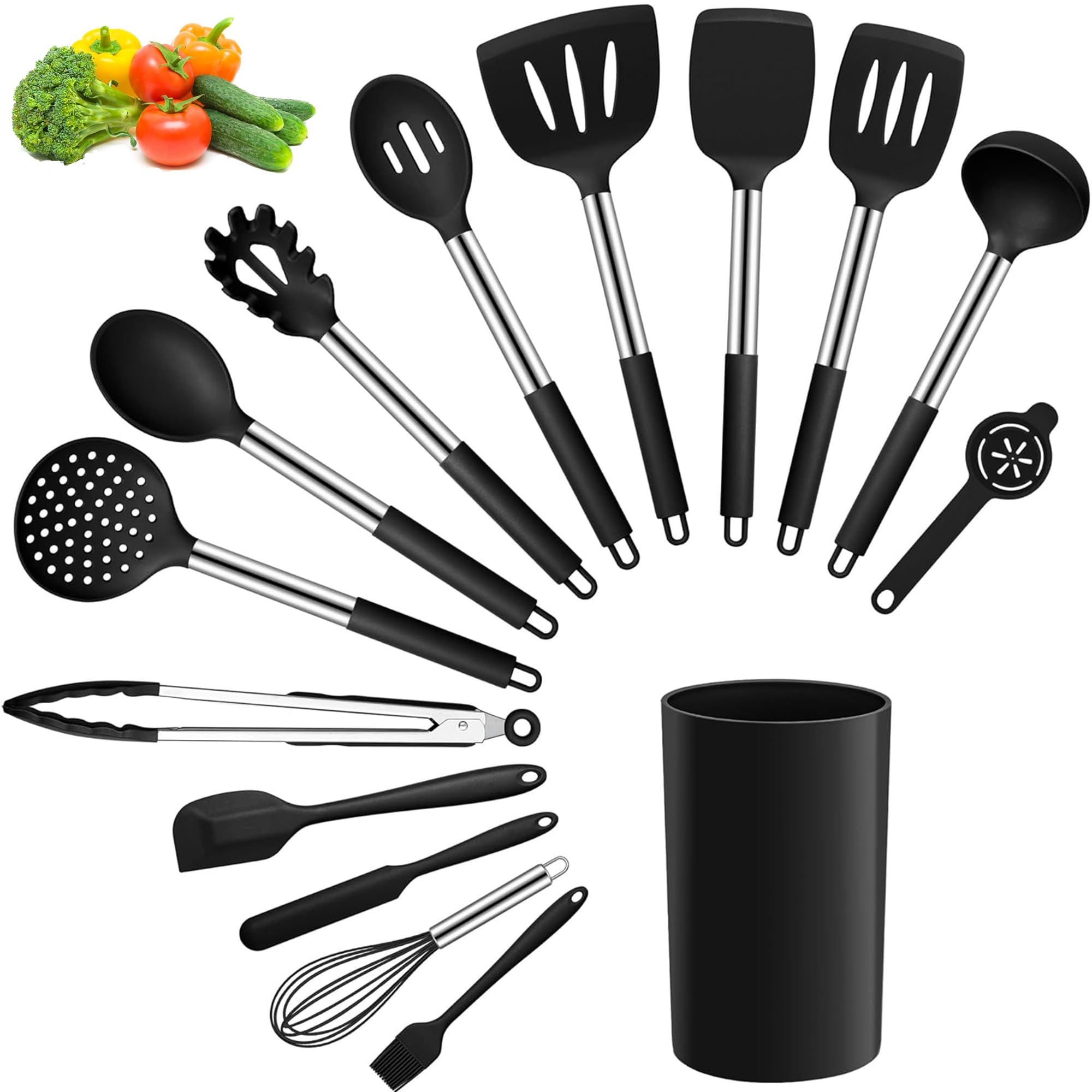 Joyfair Kitchen Utensils Set, 15 Pcs Silicone Cooking Utensils Set, Non Stick Spatula Turner Spoon Tongs Cookware Ideal for Cooking Baking Mixing Serving, Heat Resistant & Dishwasher Safe, Black