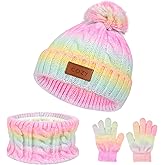 4 Pieces Winter Hat Scarf Glove Set for Women,Fleece Lined Beanie with Pom Pom,Touchscreen Gloves Knit Scarf for Cold Weather