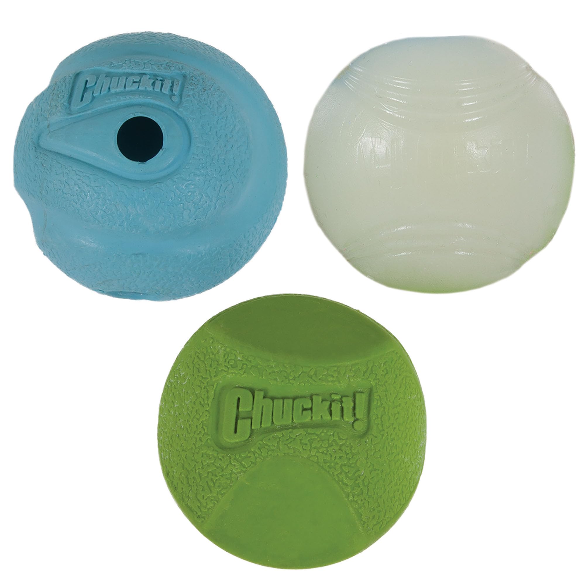 ChuckIt! Fetch Medley Gen 1 Rubber Dog Balls, The Whistler, Max Glow & Rebounce Balls for Dogs, Durable High Bounce Launcher Compatible Dog Toy, Small, 3 Pack,Blue/Green/White