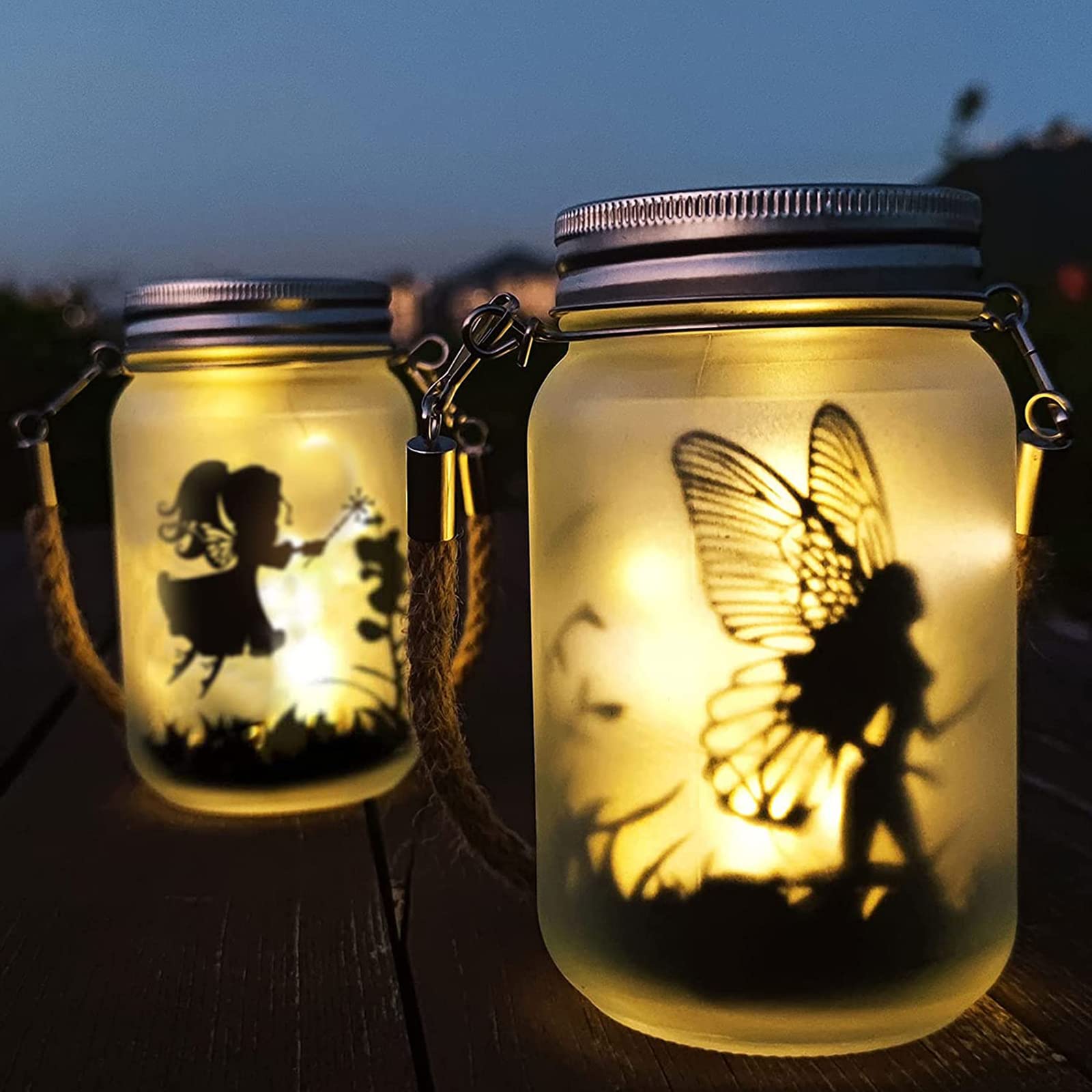 Photo 1 of one is MISSING LID***Alritz 2 Pack Solar Lantern Fairy Lights, Christmas Decorations Garden Ornament Lights - Outdoor Hanging Frosted Glass Mason Jar Lights for Tree, Table, Yard, Patio, Lawn Ages 4 5 6 7 8 9 10+ (Warm)