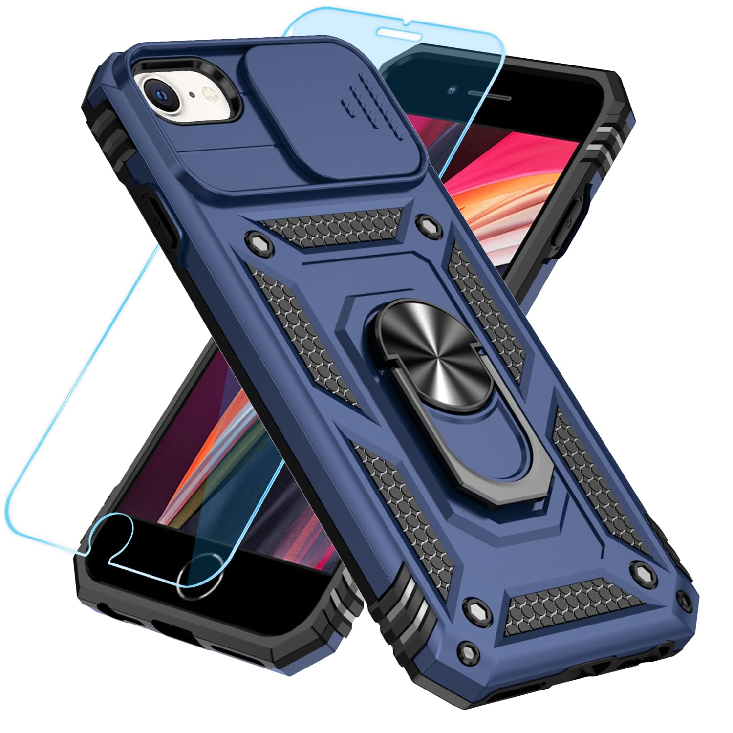 Photo 1 of SunStory Compatible with iPhone SE 2022/2020/3rd/2rd / 6/7/8 Case with HD Screen Protector & Slide Camera Cover & Kickstand, [Military-Grade] Phone Case for iPhone SE 2020/2022/6/7/8 (Blue)