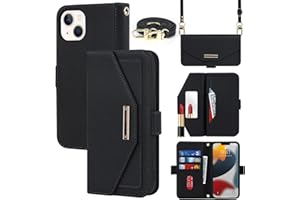 Jaorty Crossbody Wallet for iPhone 14/13 Case with Adjustable Lanyard Strap Credit Card Holder 6.1",PU Leather Handbag Purse 