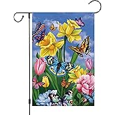 Louise Maelys Spring Daffodil Garden Flag 12x18 Double Sided, Burlap Small Butterfly Floral Flower Welcome Yard House Outside Outdoor Summer Decoration