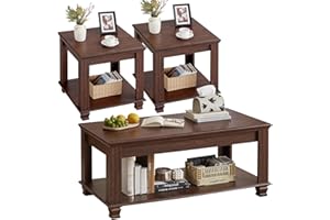 SAVOR LIFE Farmhouse Coffee Table Set of 3,Rustic Wooden Living Room Table Set,Large Coffee/End Side Tables with Open Shelf for Living Room,Walnut