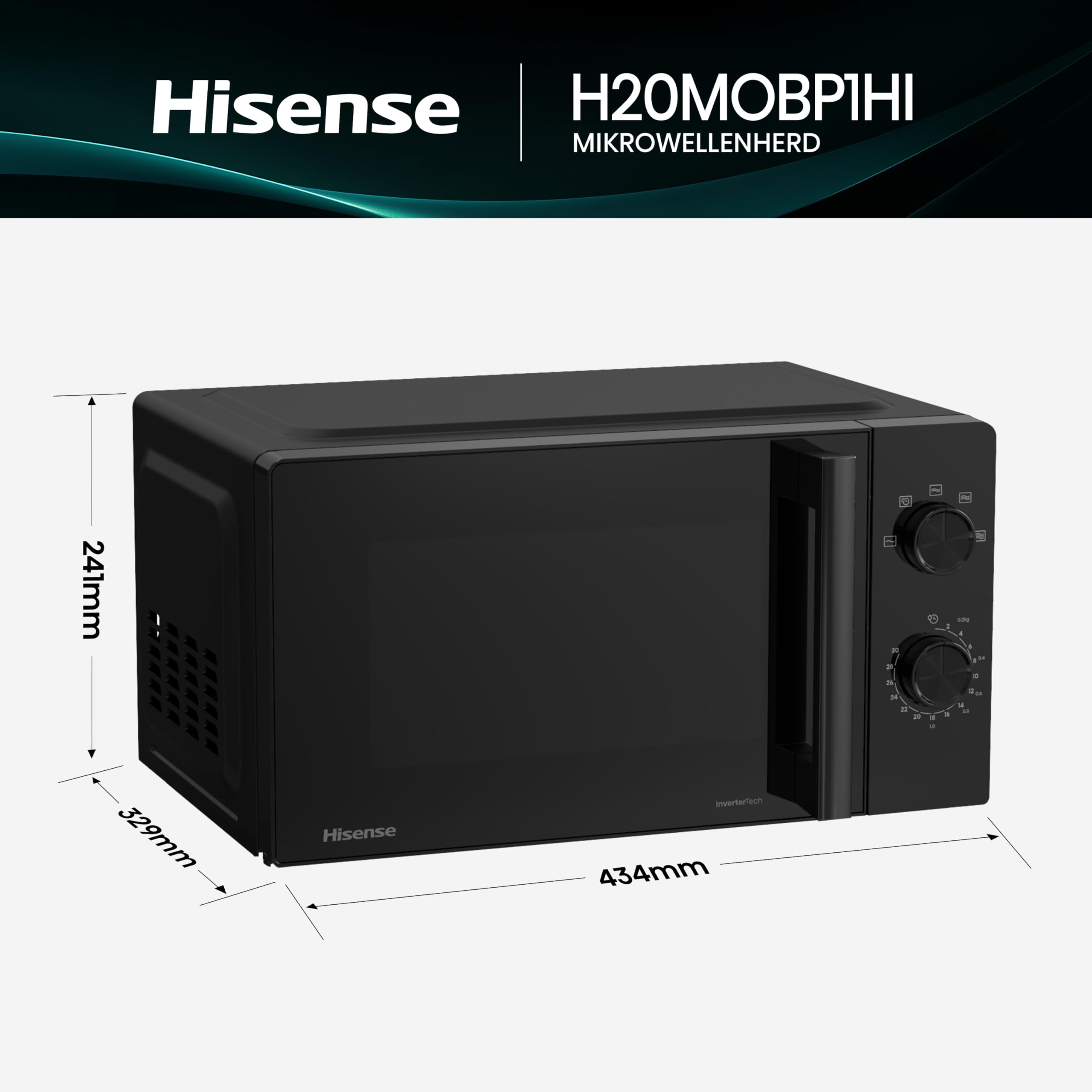 Hisense H20MOBP1HI Mikrowelle /20 L /700W /InverterTech/Keramikbeschichtung/Premium Glas/Maßgeschneidert, Mehrphasiges Kochen/Auftaufunktion/5 Leistungsstufen/Kindersicherung/Schwarz 2