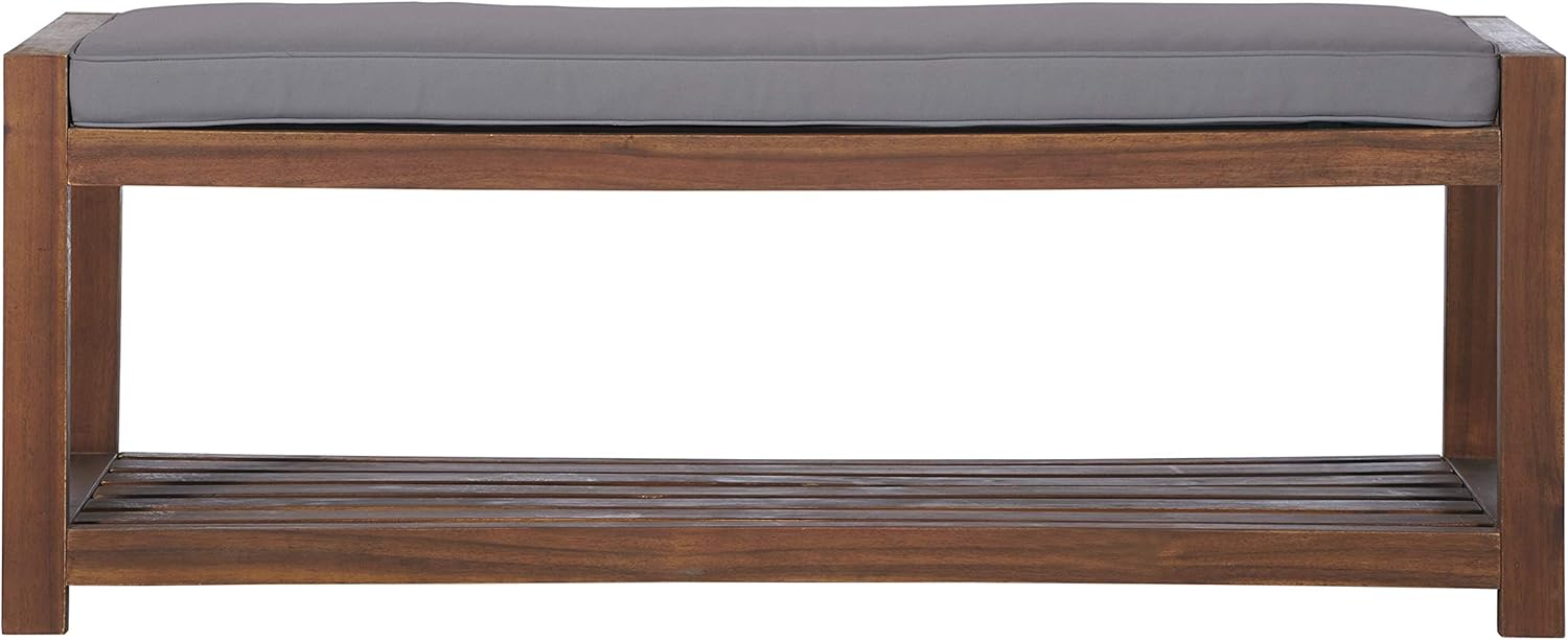 Walker Edison Willmington Solid Acacia Wood Slatted Outdoor Bench with Cushion, 48 Inch, Dark Brown and Grey : Garden & Outdoor