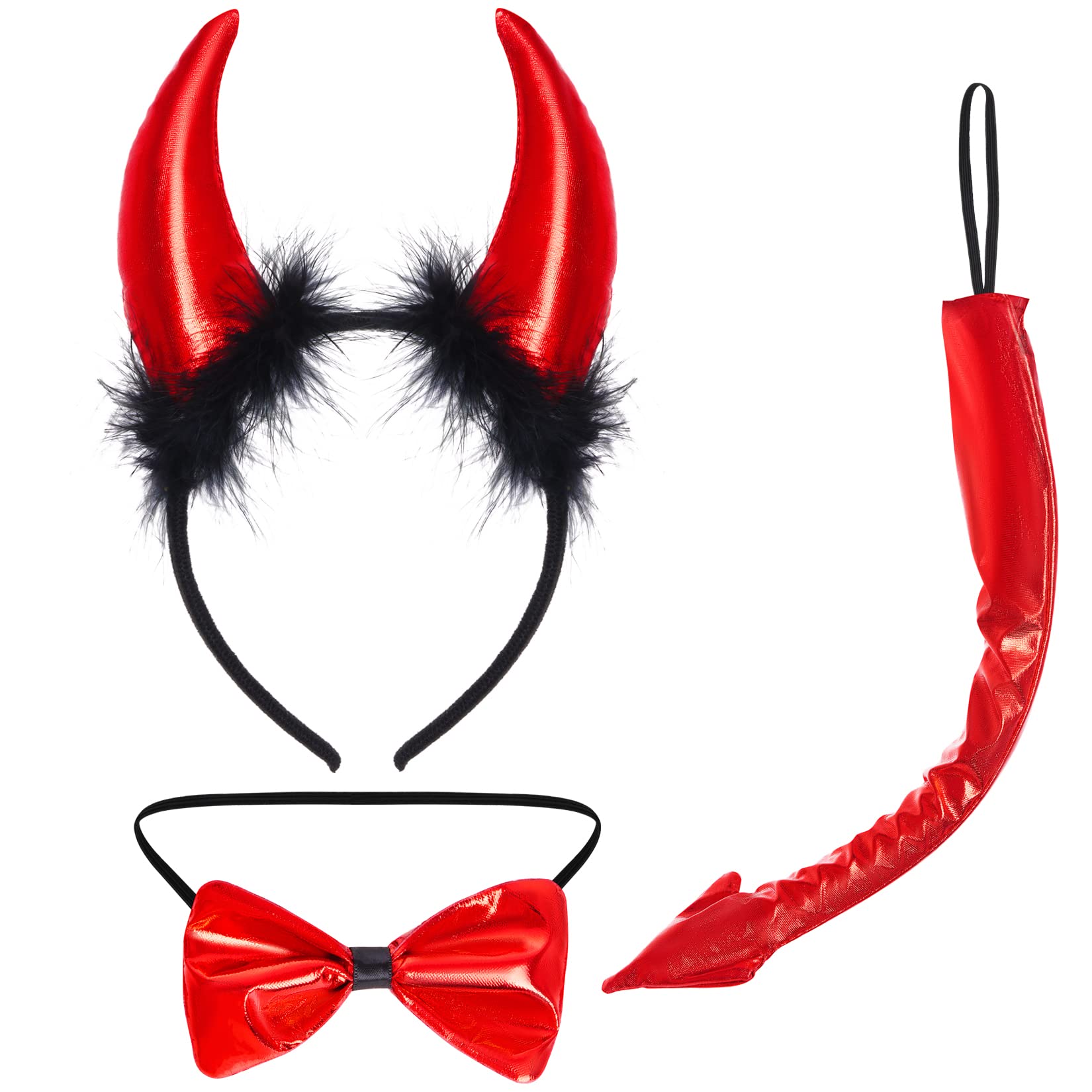 Baotongle 3-Piece Devil Costume Set - Horns Headband With Bow Tie and Tail for Adults - Carnival Halloween Cosplay Masquerade Party