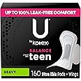 U by Kotex Balance Sized for Teens Ultra Thin Pads with Wings, Heavy Absorbency, 160 Count (4 Packs of 40) (Packaging May Vary)
