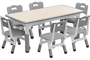 Table and Chairs Set, Height Adjustable Desk with 6 Seats, Non-Slip Legs, Max 300lbs