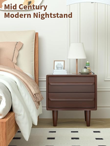 SOLID OAK WOOD NIGHTSTAND, MID-CENTURY MODERN BEDSIDE TABLE WITH 2 DRAWERS, CURVED PROFILE END TABLE WITH STORAGE & SOLID WOOD FEET FOR BEDROOM, EASY ASSEMBLY, DARK WALNUT COLOR (15.7″DX17.7″WX21.6″H
