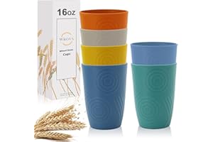 Wrova Wheat Straw Water Cups 16oz with Etched Pattern - Alternative Plastic Drinking Glasses Set of 6 - Unbreakable Tumbler Cups for Kids - Vibrant Series