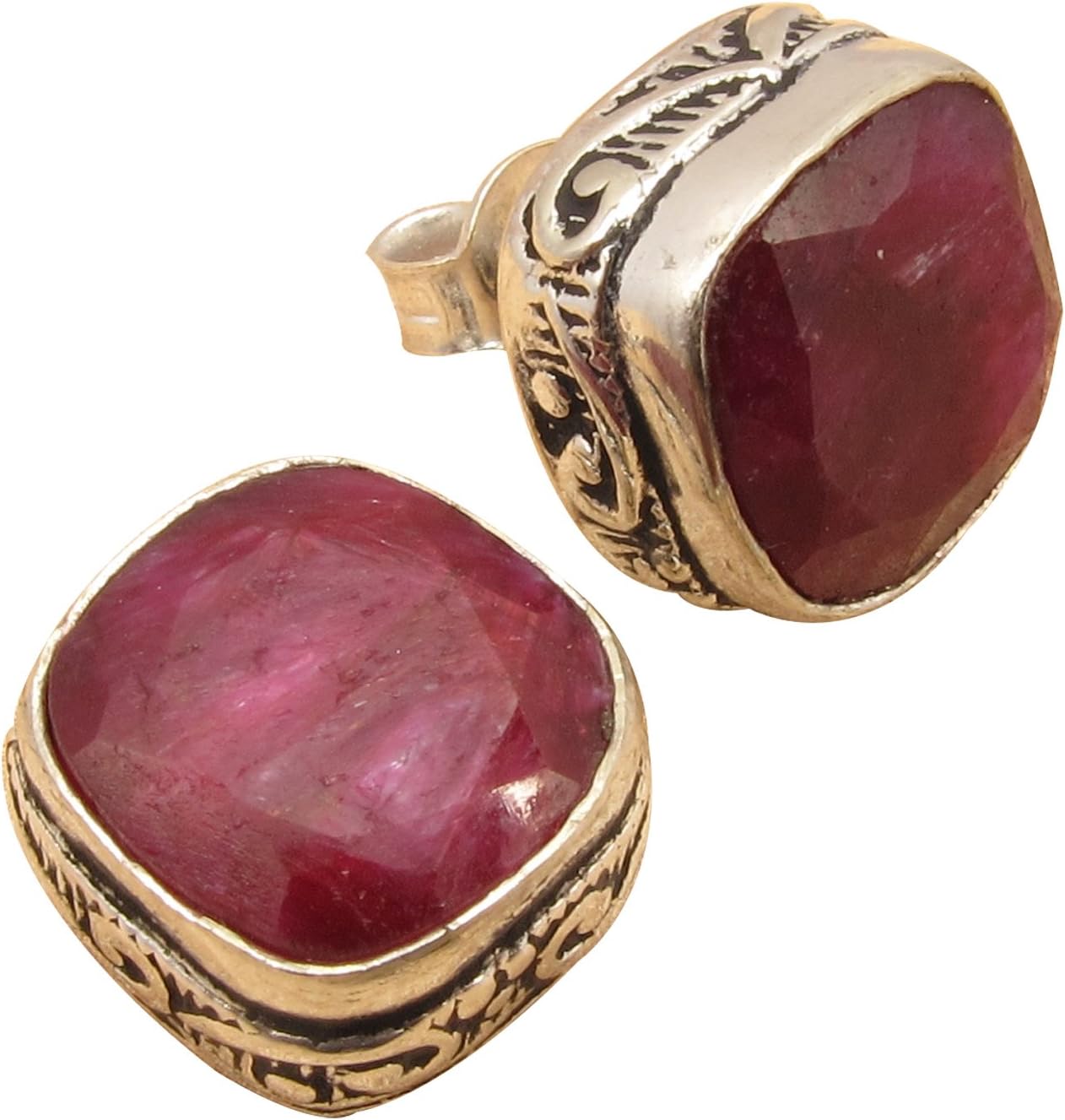 Square GEMSTONE Studs ! 925 Sterling Silver Plated HAND CARVED Ethnic Earrings ! Girls' Jewelry