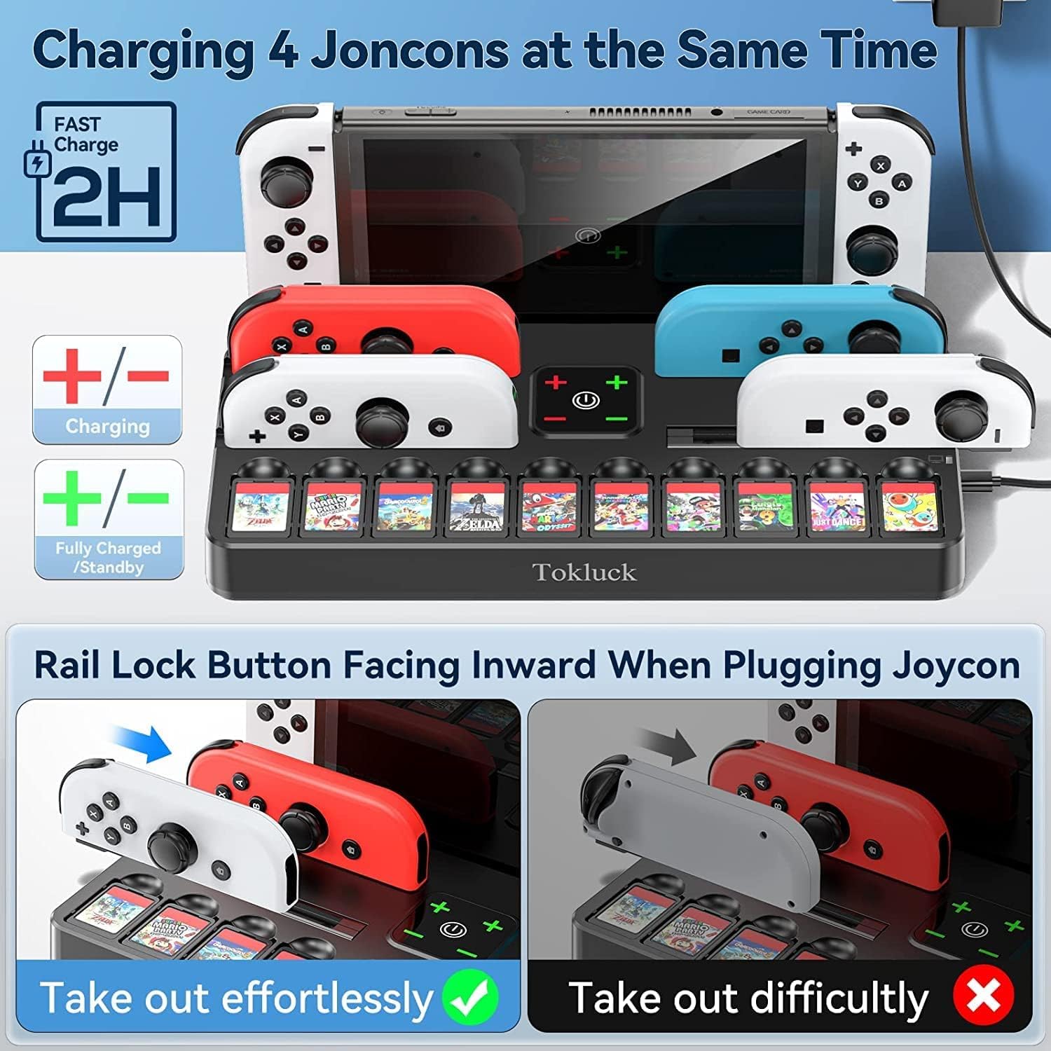 Switch TV Docking Station mit Joycon Ladestation, Switch OLED TV Dock Station für 4K HDMI TV Netzteil, Ersatz Switch Dock mit Schnittstelle & 10 Spiele Aufbewahrung (Nicht für Switch 2) 4