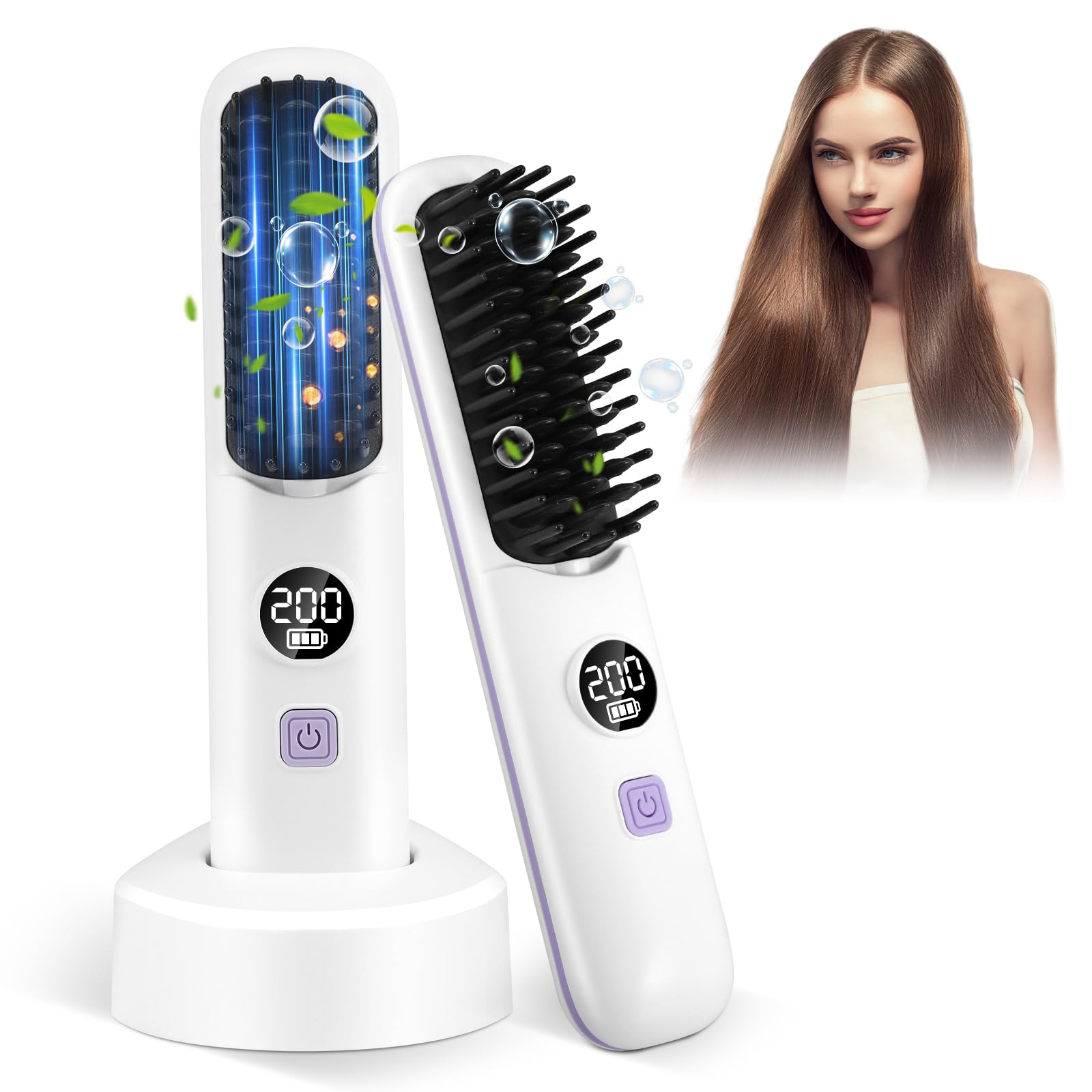 Hair Straightener Brush for Women, Cordless Hair Straighteners Brush, 4 Temp Settings 140-200℃ Portable Straightener Brush, USB Rechargeable Hair Straightener Comb for Hair Styling