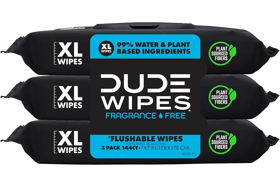 DUDE Wipes Unscented Flushable Wipes - Extra-Large Adult Wet Wipes for Sensitive Skin - 3 Pack (144 Count) - Infused with Vitamin E and Aloe - Septic and Sewer Safe