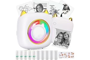 HuiJuKeJi Mini Sticker Printer Pocket Inkless Thermal Printer with RGB Light for iOS&Android, 10 Rolls Thermal Paper and Sticker, Bluetooth Smart Portable Receipt Printer for Photo Journal Notes Memo