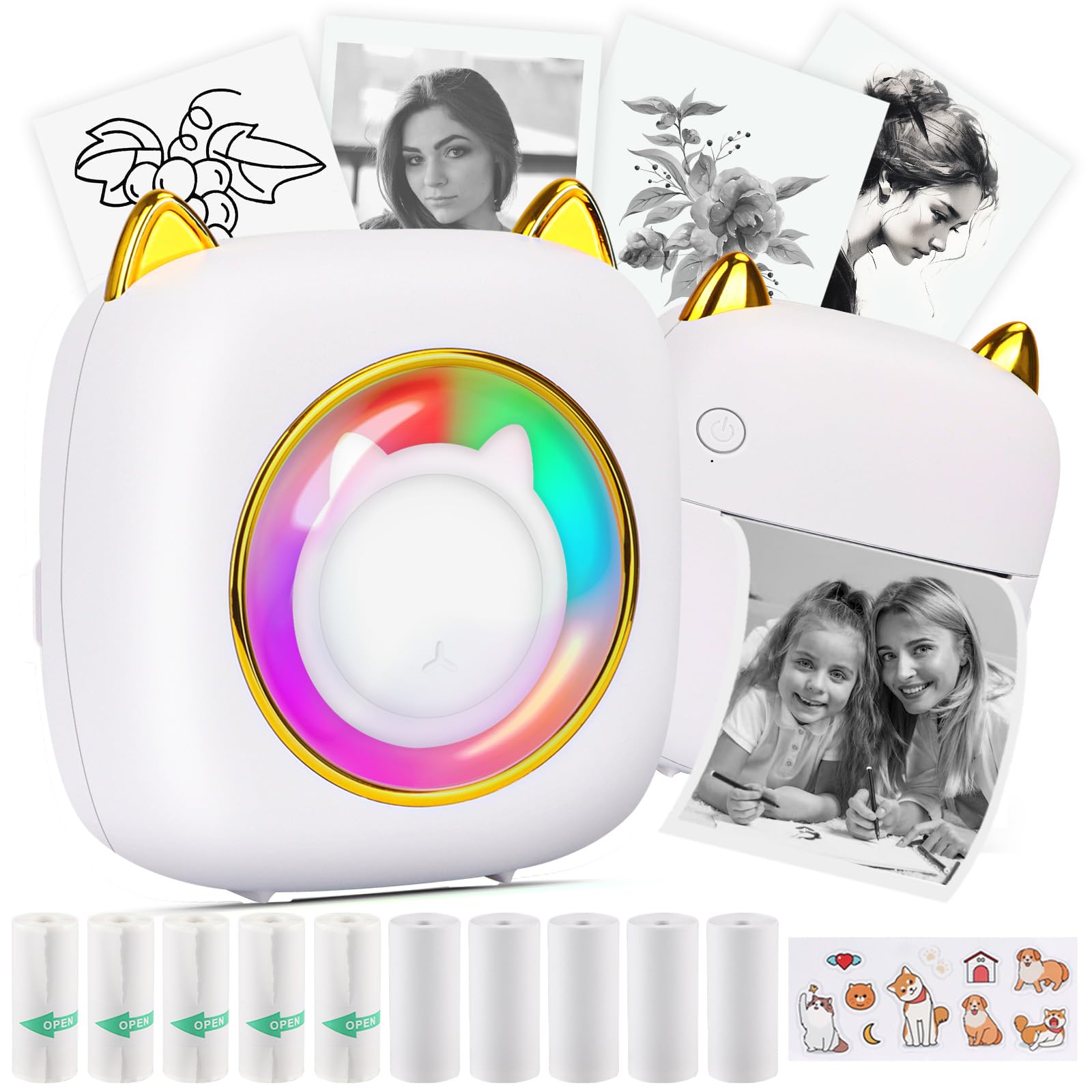 HuiJuKeJi Mini Sticker Printer Pocket Inkless Thermal Printer with RGB Light for iOS&Android, 10 Rolls Thermal Paper and Sticker, Bluetooth Smart Portable Receipt Printer for Photo Journal Notes Memo