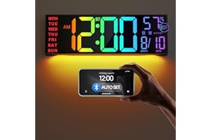 JALL 16.2" Large Digital Wall Clock with Seconds, Bluetooth Sync, Alarm Big LED, RGB Color, DST Temperature for Classroom Bedroom Garage Gym, Mount, Xmas, Birthday Gift for Aged Elderly Mother Father