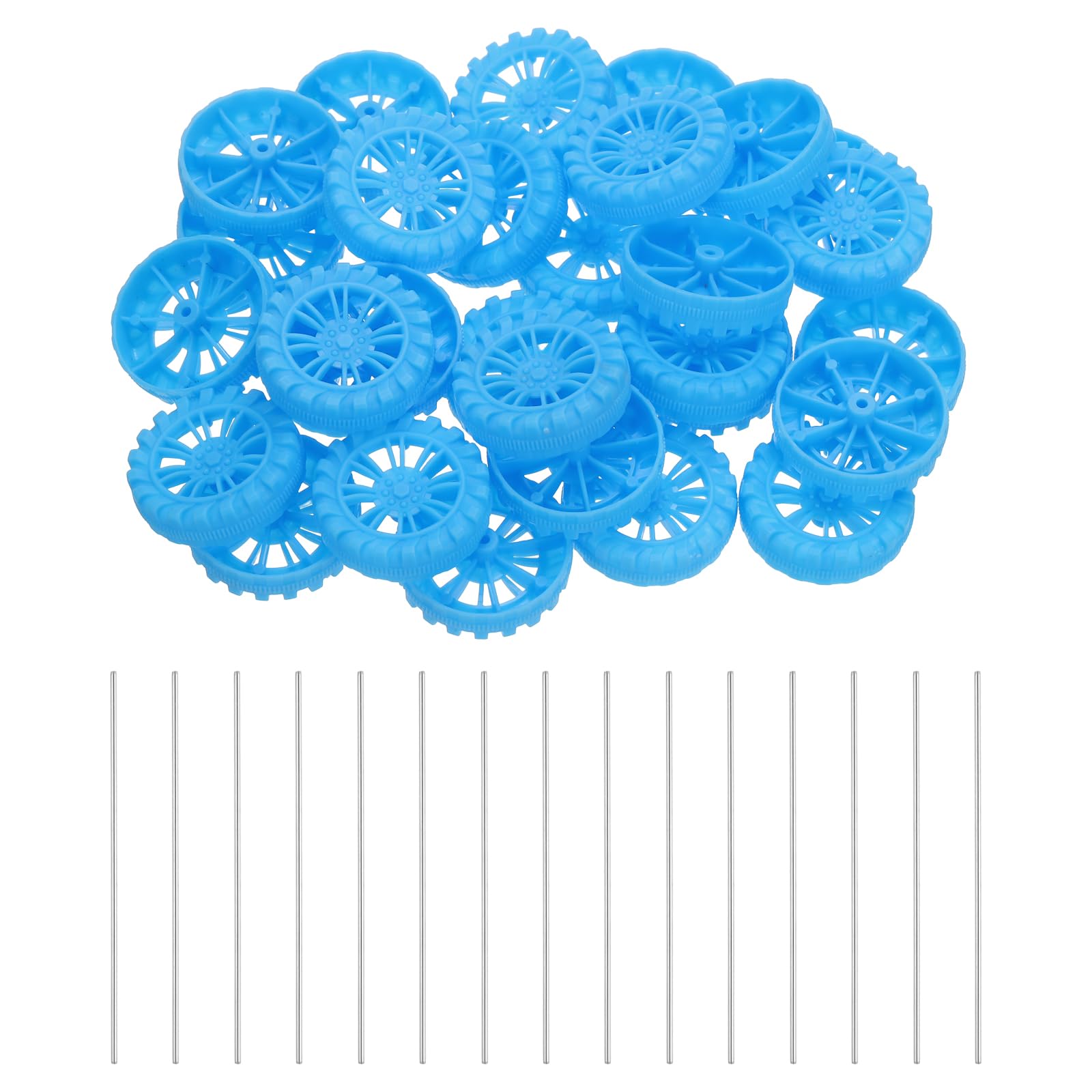sourcing map 30pcs Toy Car Wheels, 30mmx8mm Plastic Roll and 2mmx150mm Shaft Round Rod Axles for DIY RC Car Truck Boat Helicopter Model Part, Blue