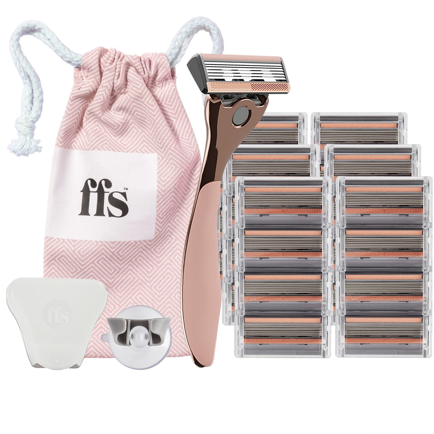 FFS Beauty Rose Shaving Set for Women 9-12 Month's Supply – Premium Rose Razor Handle, 24 SmoothGlide 6-Blade Cartridges, Shower Holder, Travel Pouch, Clamshell Protector