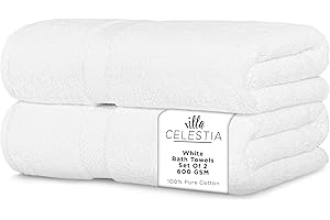 Villa Celestia 600 GSM 100% Cotton Bath Towels, White, Set of 2, Highly Absorbent, Plush, Soft, Quick Dry, 2 Pieces Combed Cotton Luxury Towels for Hotels, Spa, Salon, Bathroom, Dorm, Pack of 2
