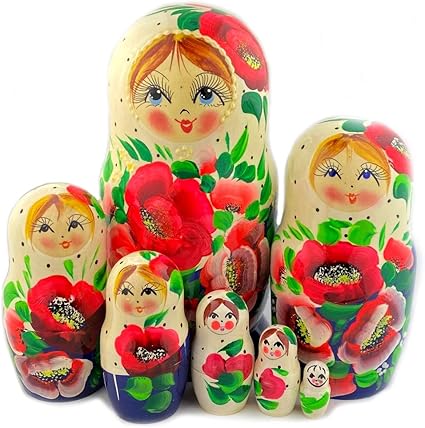 Amazon.com: Muñecas rusas matryoshka 7 piezas Babushka flores de amapola pintadas a mano 8 pulgadas, caras lindas, regalo para niños adultos: Toys \u0026 Games