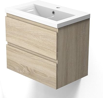 Aica Sanitaire Meuble Sous Vasque De Salle De Bain Suspendu Bois Clair Avec Lavabo Et 2 Tiroirs Espace De Rangement 50cm Amazon Fr Cuisine Maison
