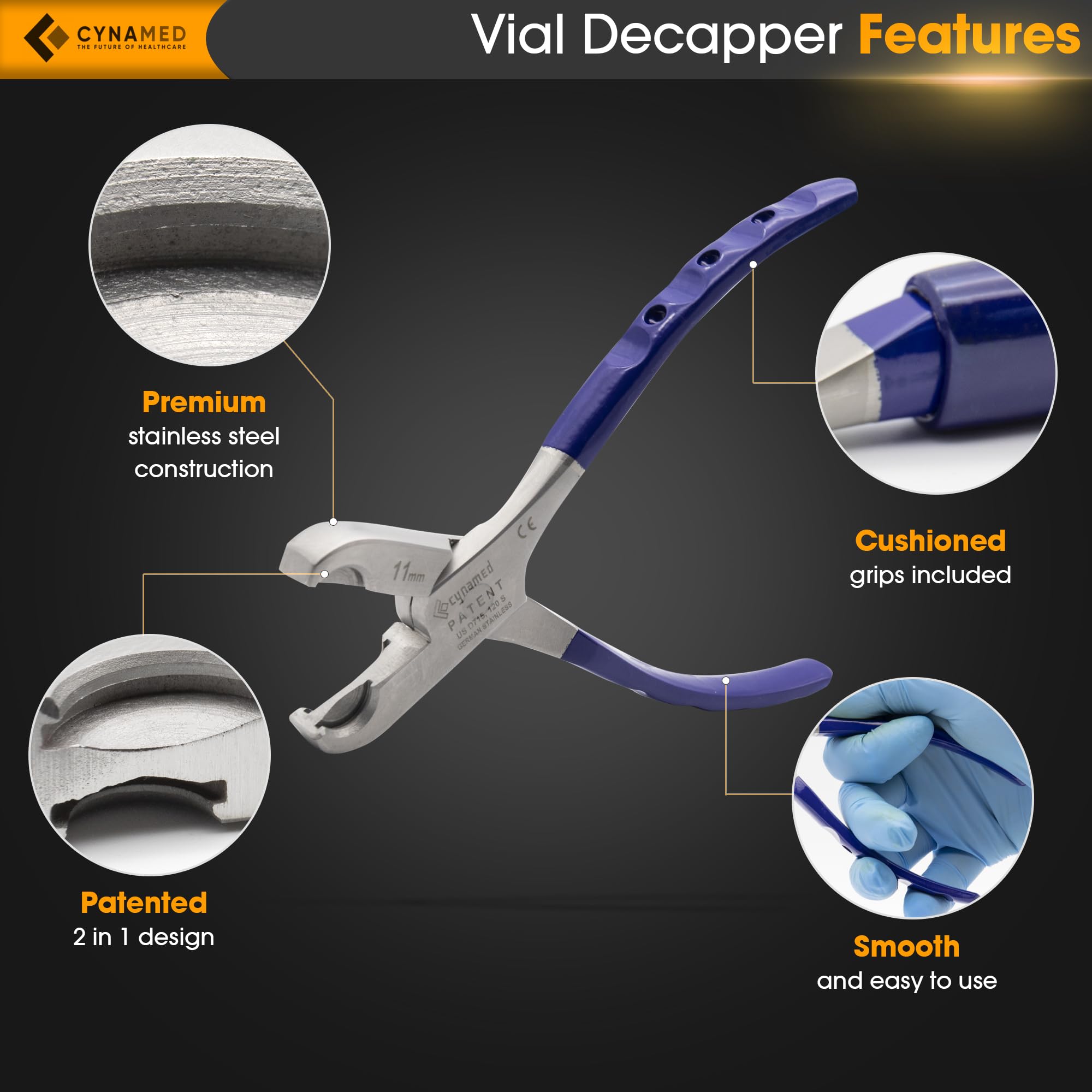 Cynamed 2-in-1 Vial Decapper - Professional Dual Action Aluminum Crimp Top Remover, Manual De-Crimper for Medical & Pharmacy Glass Bottle Caps - Non-Slip Cushioned Grips, Stainless Steel - 11mm/20mm