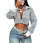 SweatyRocks Women's Striped Button Down Shirts Crop Collared Long Sleeve Shirt Dressy Casual Blouses