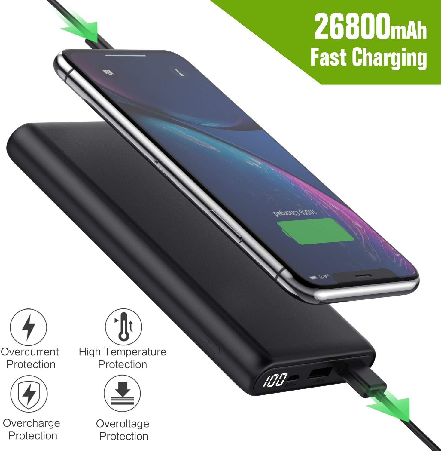 Portable Charger 26800mAh LCD Digital Display Power Bank Huge Capacity External Battery Pack 2 Output Port Cell Phone Charger for iPhone, Samsung Galaxy, Android Phone,Tablet & etc
