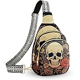 Skull Leather Sling Bag Small Crossbody Backpack Travel Shoulder Pack Hiking chest Daypack for Women Adjustable Lightweight Outdoor Waterproof Workout