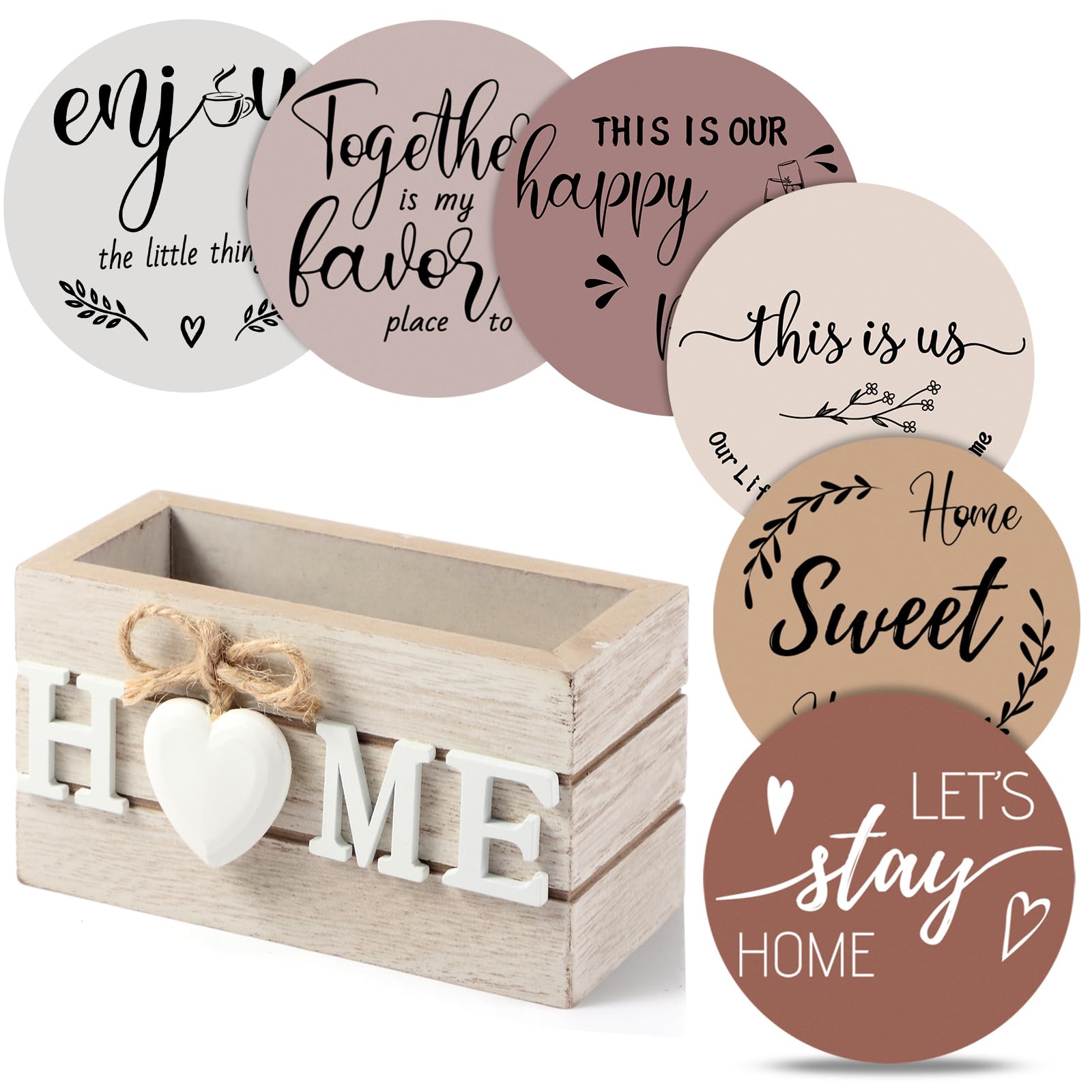 Queekay Coasters Set of 6 House Warming Gifts New Home Wooden Farmhouse Drink Coasters with Holder 4'' Funny Decoration for Kitchen Family Coffee Bar Tabletop Protection(Light Brown)