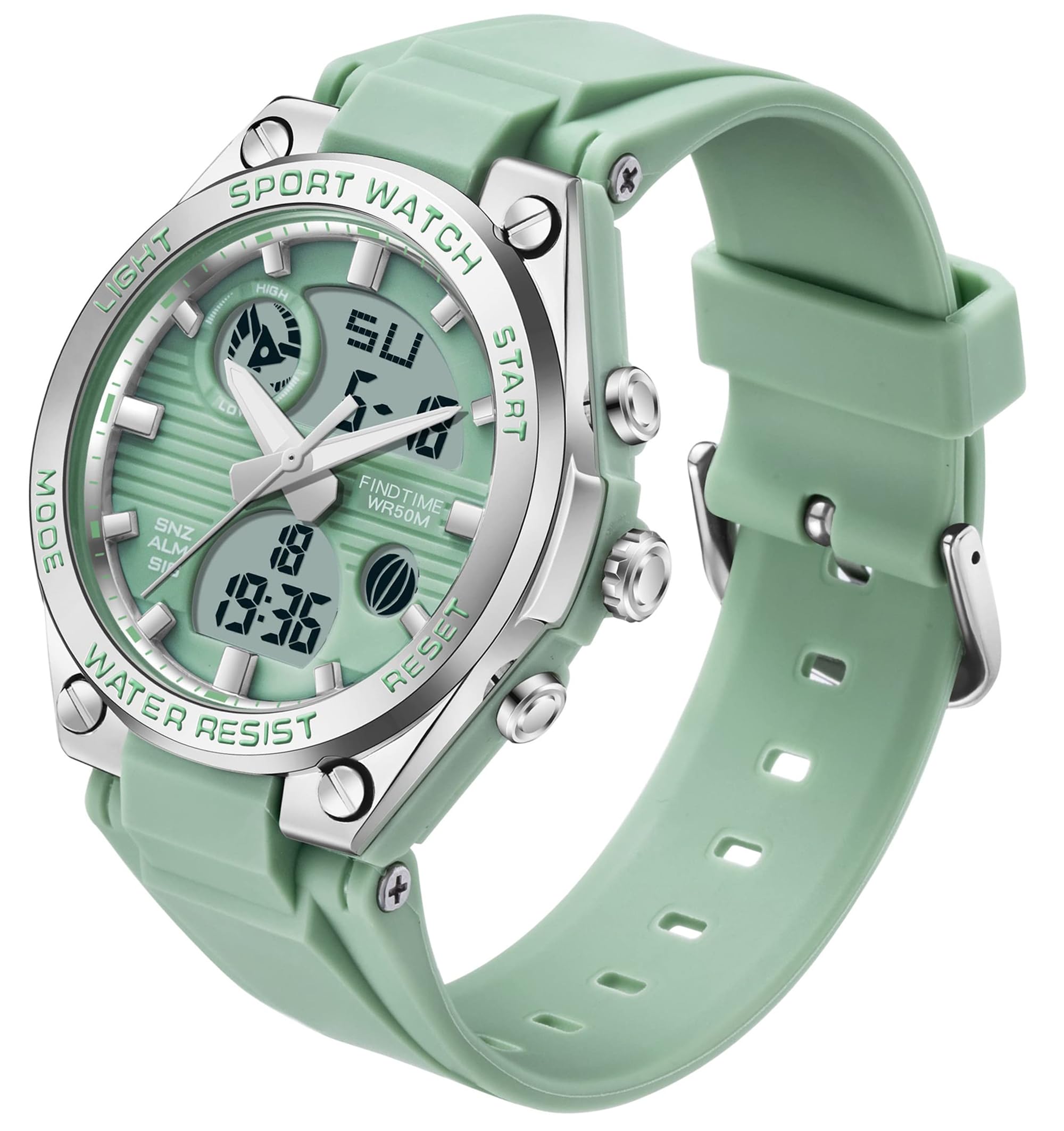 findtime Ladies Sport Digital Watches Wrist Watch for Women with Waterproof Dual Time Date Luminous Back Light Week Alarm Stopwatch White Black Blue Green