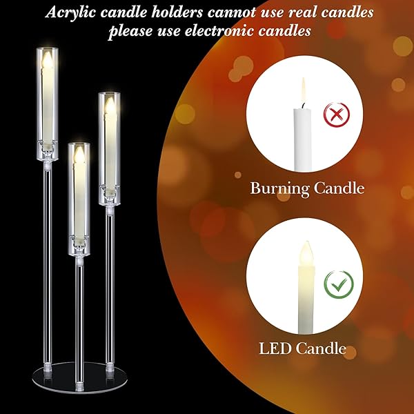 LAYHIT 6 SET WEDDING 3 ARM ACRYLIC CANDELABRA TABLE CENTERPIECE 38.6″ CLEAR TALL FLOOR CANDLE HOLDER WITH SHADE PILLAR TAPER STAND FOR DINING PARTY ANNIVERSARY BIRTHDAY EASTER FIT 0.87 LED CANDLE