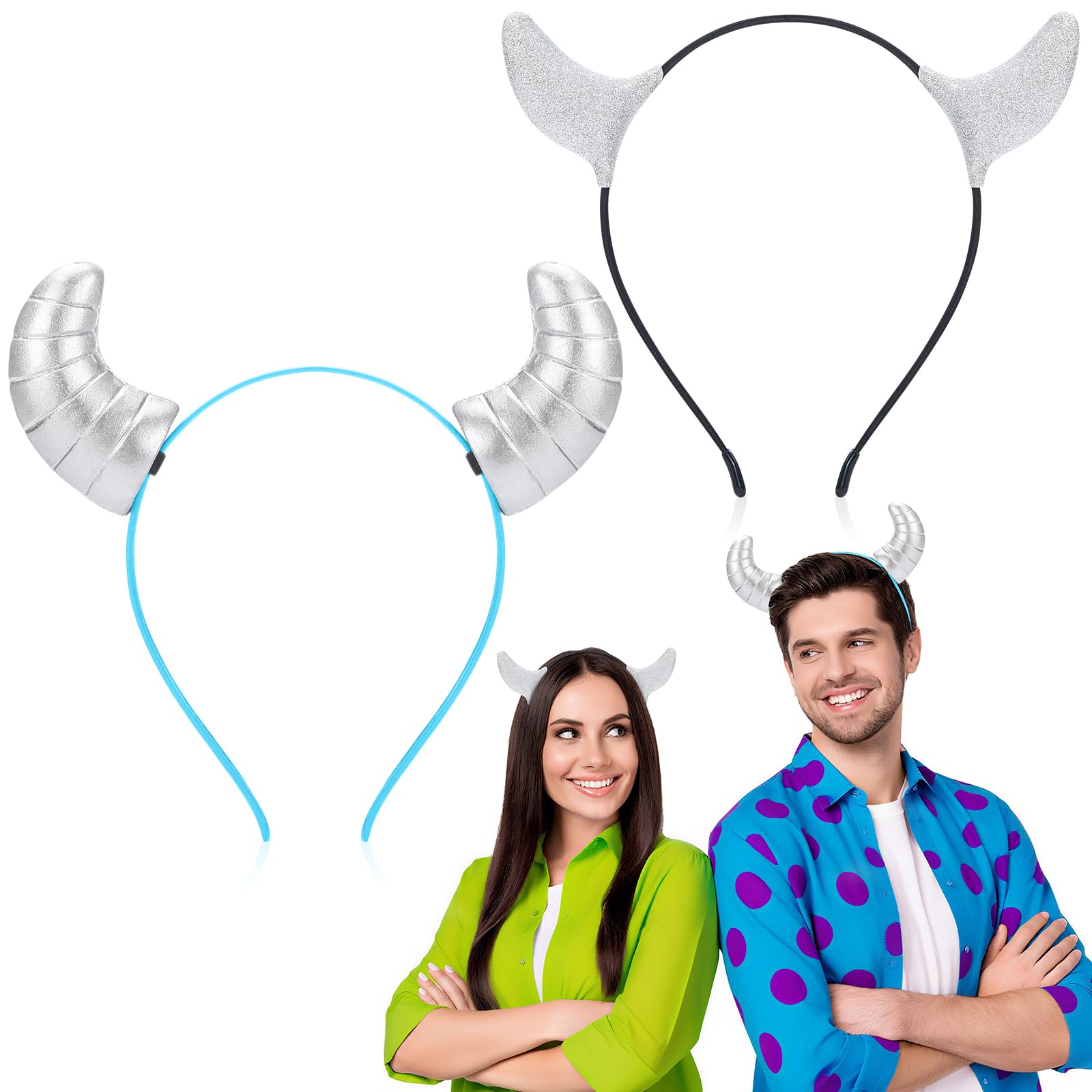 Photo 1 of Suncalla 2 Pcs Halloween Monster Horns Headbands Sliver Devil Horns Headband Costume Accessories Halloween Fancy Dress Cosplay Hairband Set for Women Men