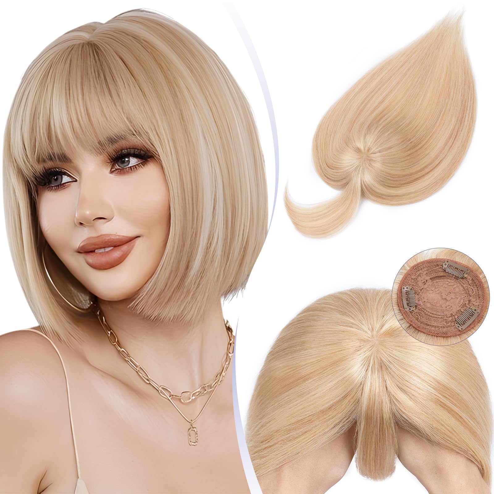 TESS Real Human Hair Topper With Fringe For Thinning Hair Women With Bangs Mono Base Natural Crown Hairpiece - #18P613 Ash Blonde & Bleach Blonde - 14 Inch — image 1