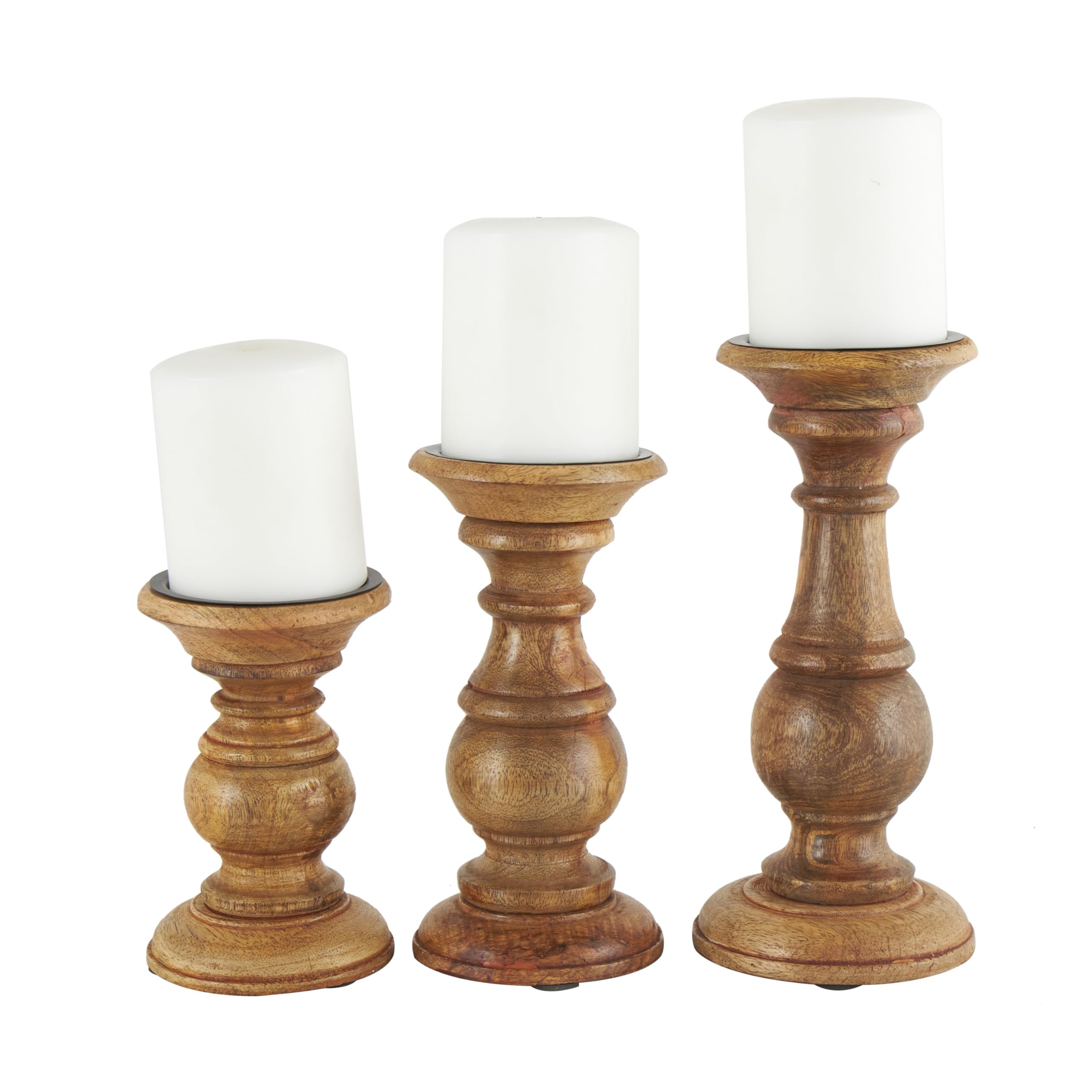Deco 79 Mango Wood Turned Style Pillar Candle Holder, Set of 3 4 Inch, 8 Inch, 6 InchH, Brown