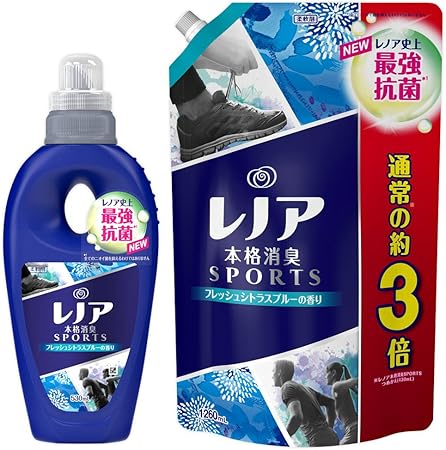 Amazon まとめ買い レノア 本格消臭 柔軟剤 スポーツ フレッシュシトラスブルー 本体 530ml 詰め替え 超特大 1260ml レノア 液体柔軟剤