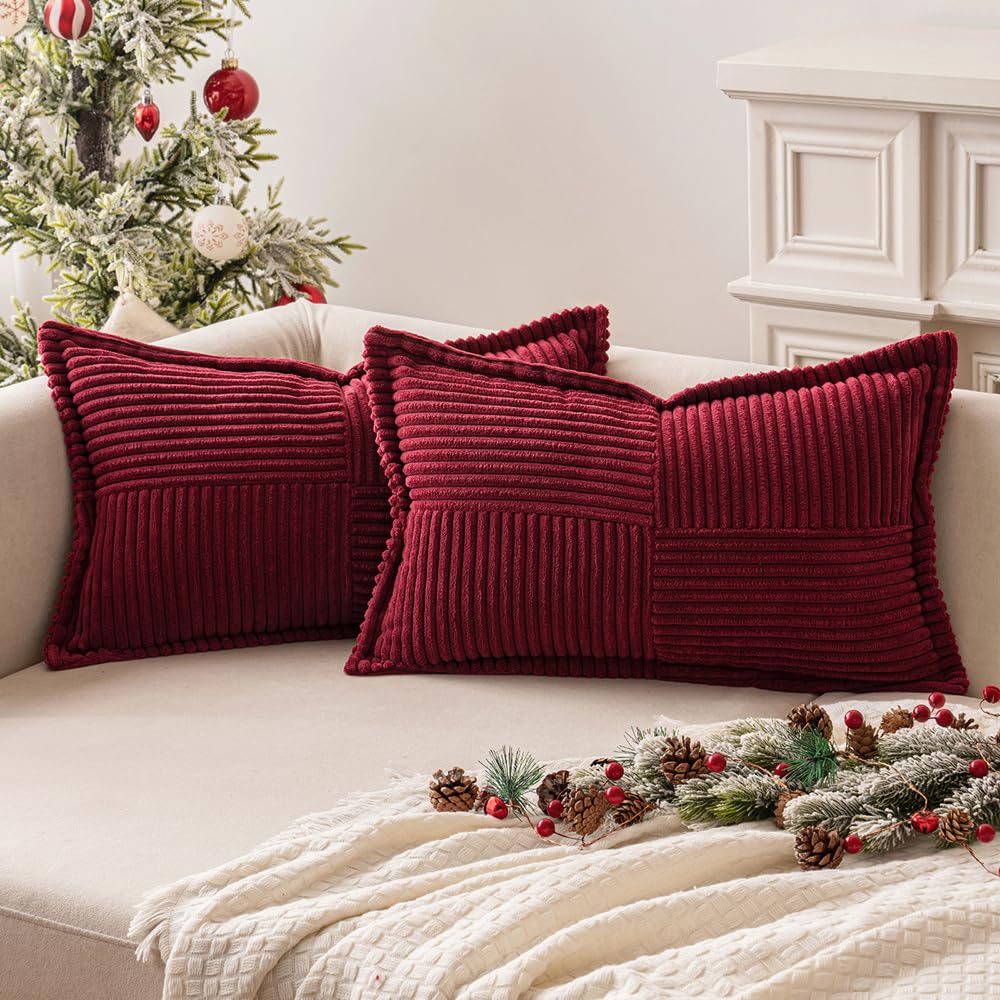 MIULEE Corduroy Cushion Covers Pack of 2 Decorative Modern Patchwork Throw Pillow Covers Soft Pillowcase Cushions for Home Winter decor Sofa Couch with Invisible Zipper Burgundy 40x60cm