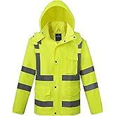 wantdo Safety Rain Jacket for Men Reflective, High Visibility Waterproof Rain Coat with Detachable Hood