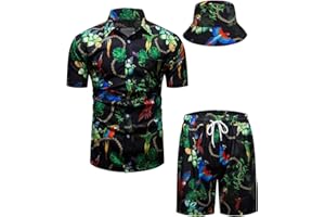 fohemr Mens Luxury Outfit Set Black Gold Shirts and Shorts 2 Piece Tracksuit Set Baroque Button Down Suit with Bucket Hats