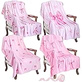 SmoothNovelty 4 Pcs Pink Bow Throw Blanket for Girls Women Bowknot Flannel Blanket with 24 Yard Ribbon Galentine Coquette Preppy Secret Sister Gift February Valentine's Day Decoration, 40" x 50"