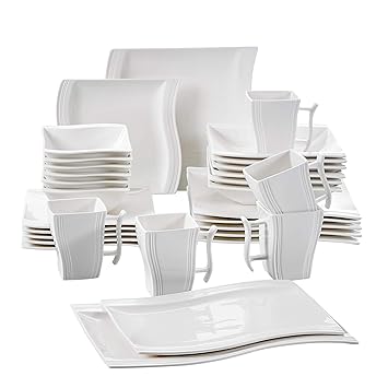 MALACASA, Serie Flora, 32 TLG. Cremeweiß Porzellan Kombiservice Tafelservice 6 Schalen, 6 Dessertteller, 6 Suppenteller, 6 Sp