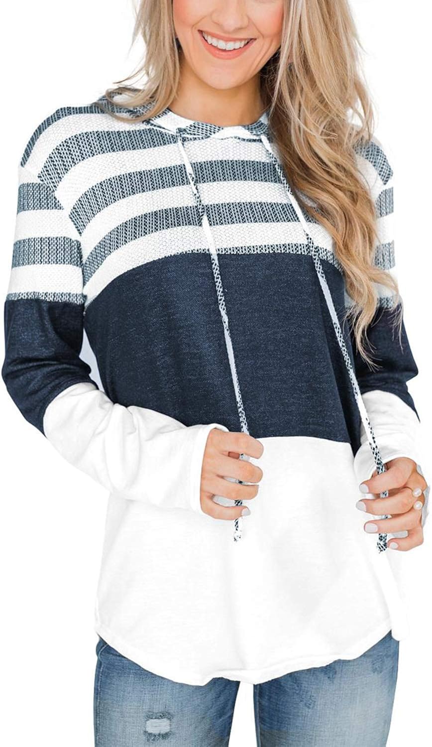 SWEET POISON Womens Pullover Sweatshirt Color Block Hoodie Striped Long Sleeve Tops