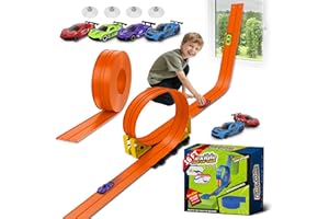 PUPPILUV Flex Race Track 16 Ft with Suction Cups Compatible with Diecast 1/64th Cars, Flexible Car Track Toys for Ages 3+ Kids Toddlers Roll Out Portable Racetrack (Orange)